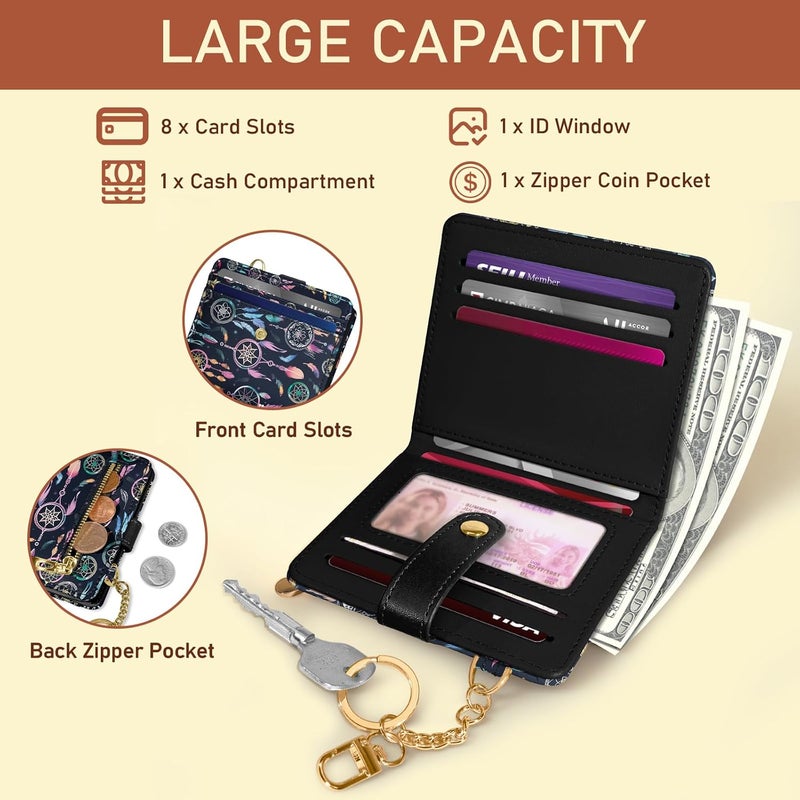 Jogjam Colorful Dream Catchers with Feathers Rfid Ladies Wallet, Small Credit Card Women Wallet, Boho Traditional Circular Net PU Leather Bifold Cash Zipper Coin Pocket for Female Blessing - Image 4